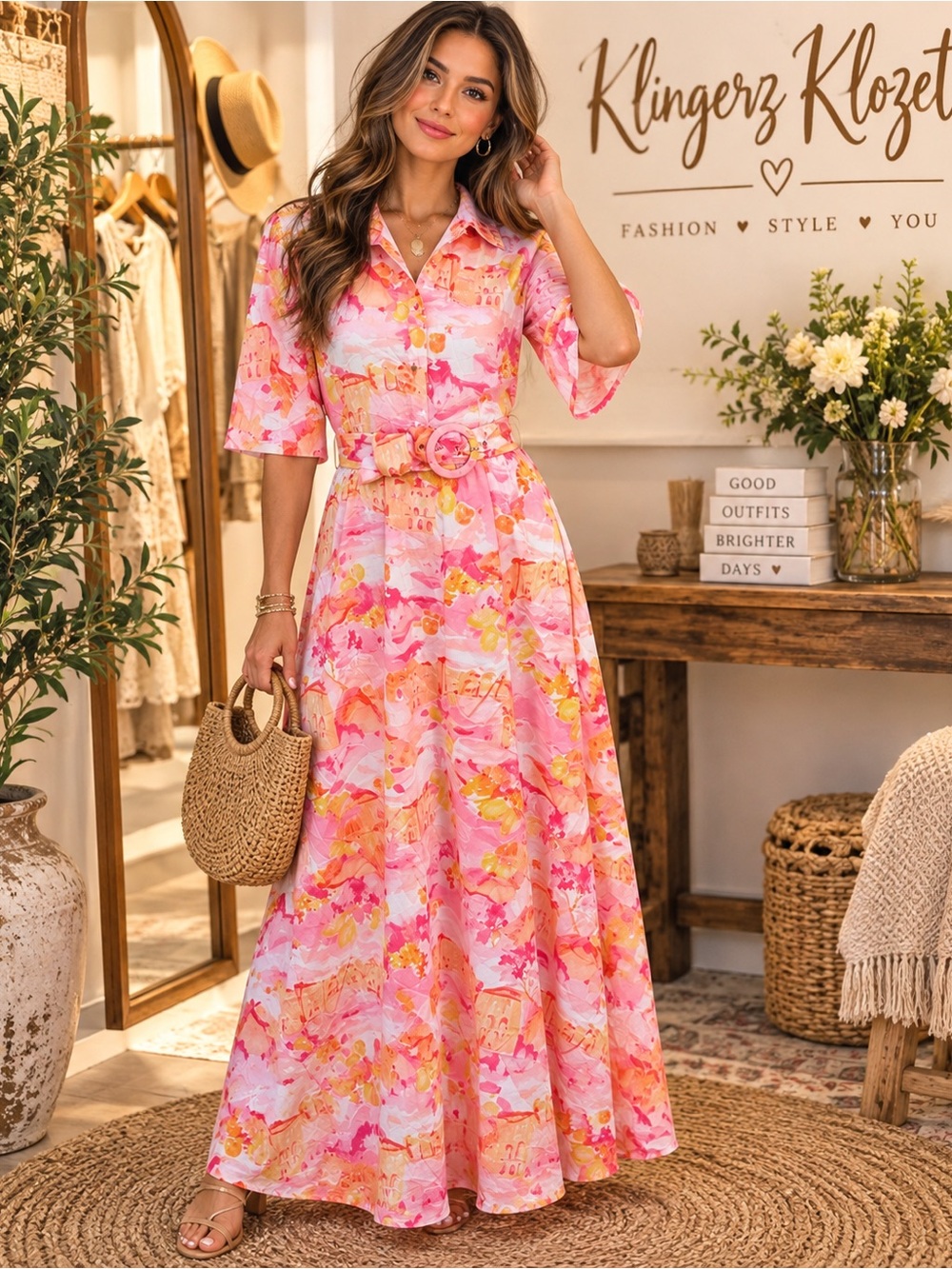 RNWY Pink Abstract Floral Belted Maxi Shirt Dress Size M US 6
